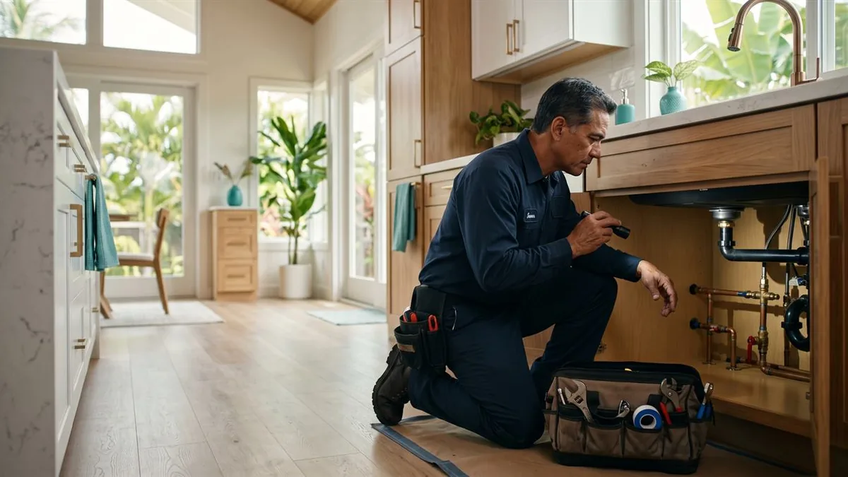 Plumbing technician assessing home plumbing in Mililani
