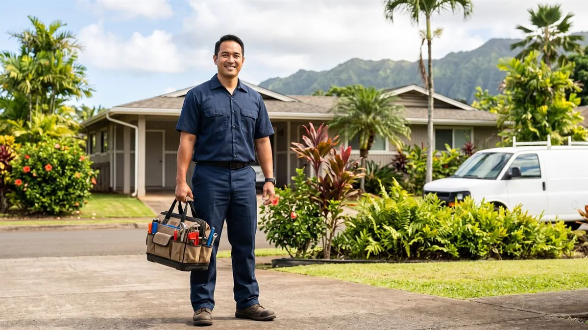 Plumbing professional working on residential plumbing in Mililani home